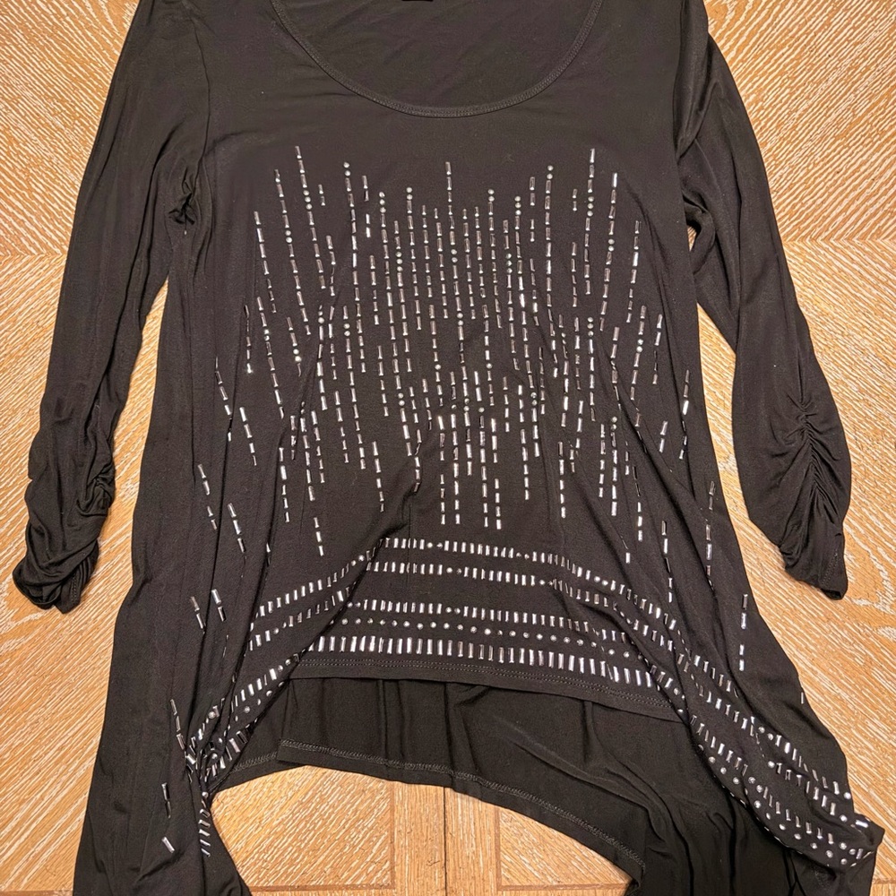 Black Long Sleeve Scoop Neck Top with Silver Accent Detail